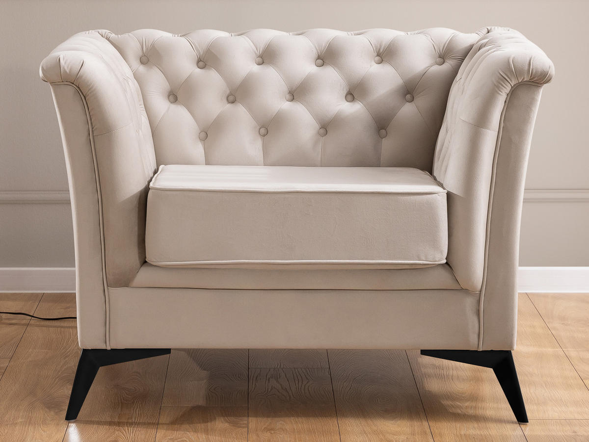 CHESTERFIELD-SESSEL Whitby Beige Samt mit schwarzen Füßen - Beige/Schwarz, Holz/Textil (116/78/82cm) - S-Style Möbel
