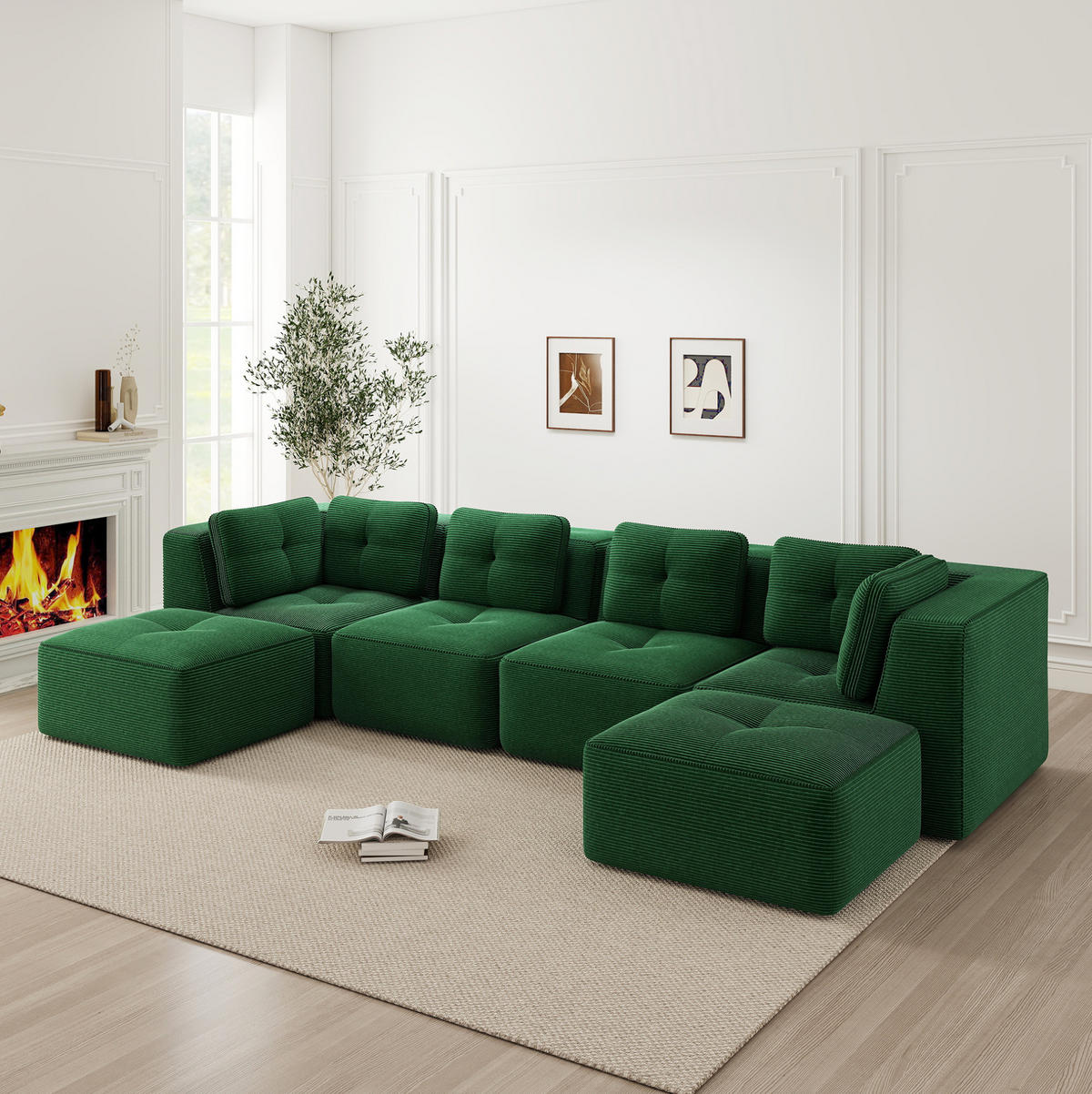 ECKSOFA 386/177/69 cm modular grün aus Cord ohne Aufbau und rutschfest - Grün, Textil (177/386cm) - OKWISH