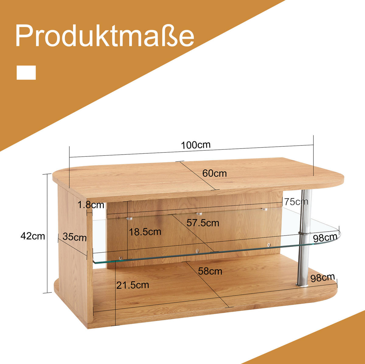 COUCHTISCH 100/60/42 cm mit Stauraum und Glasablage in skandinavischem Design, Naturholz - Naturfarben, Holzwerkstoff (100/60/42cm) - Redom