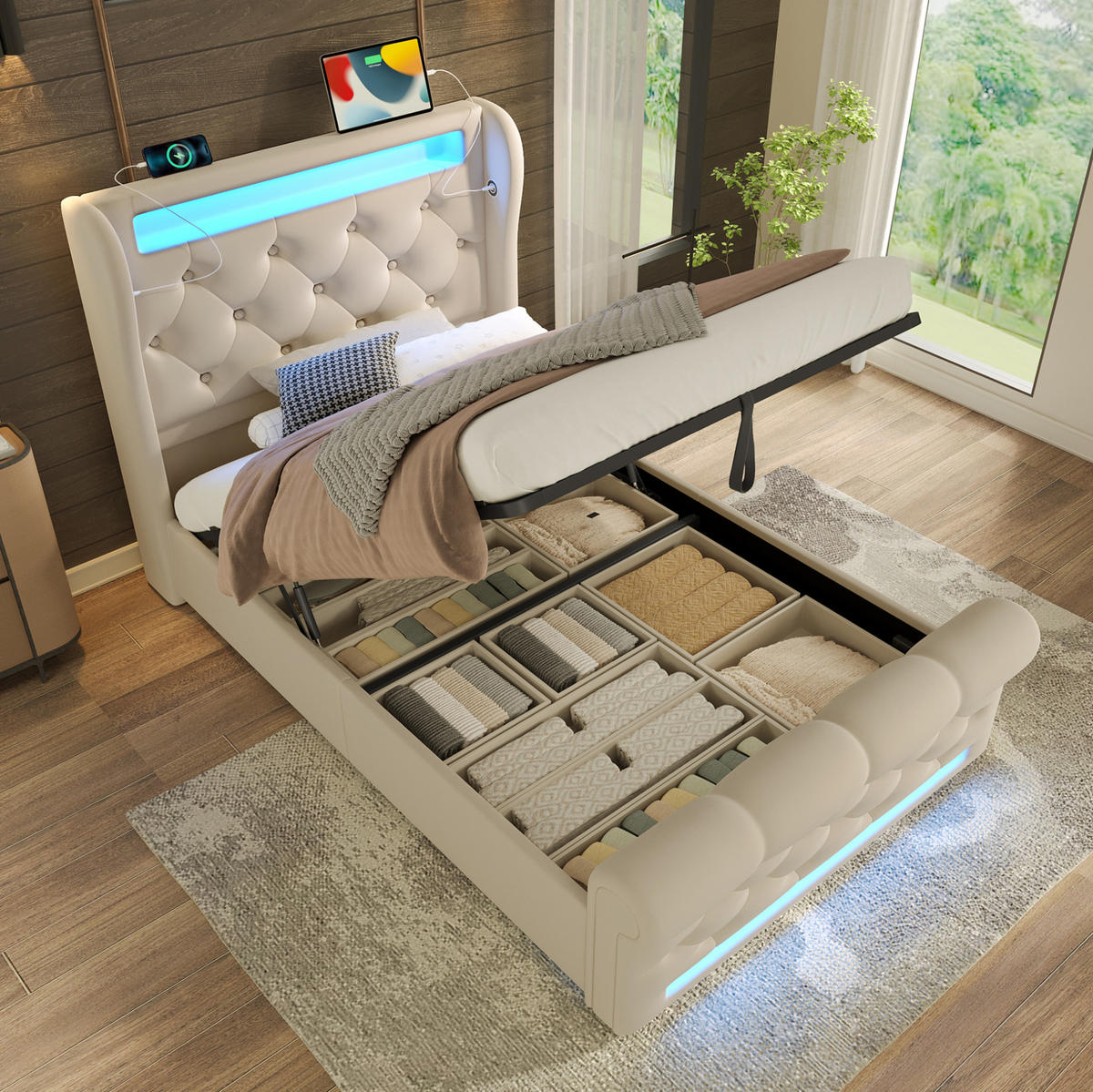 ČALOUNĚNÁ postel 90/200 cm béžová ze sametu s LED osvětlením USB-C a úložným prostorem - béžová, textil (90/200cm) - OKWISH