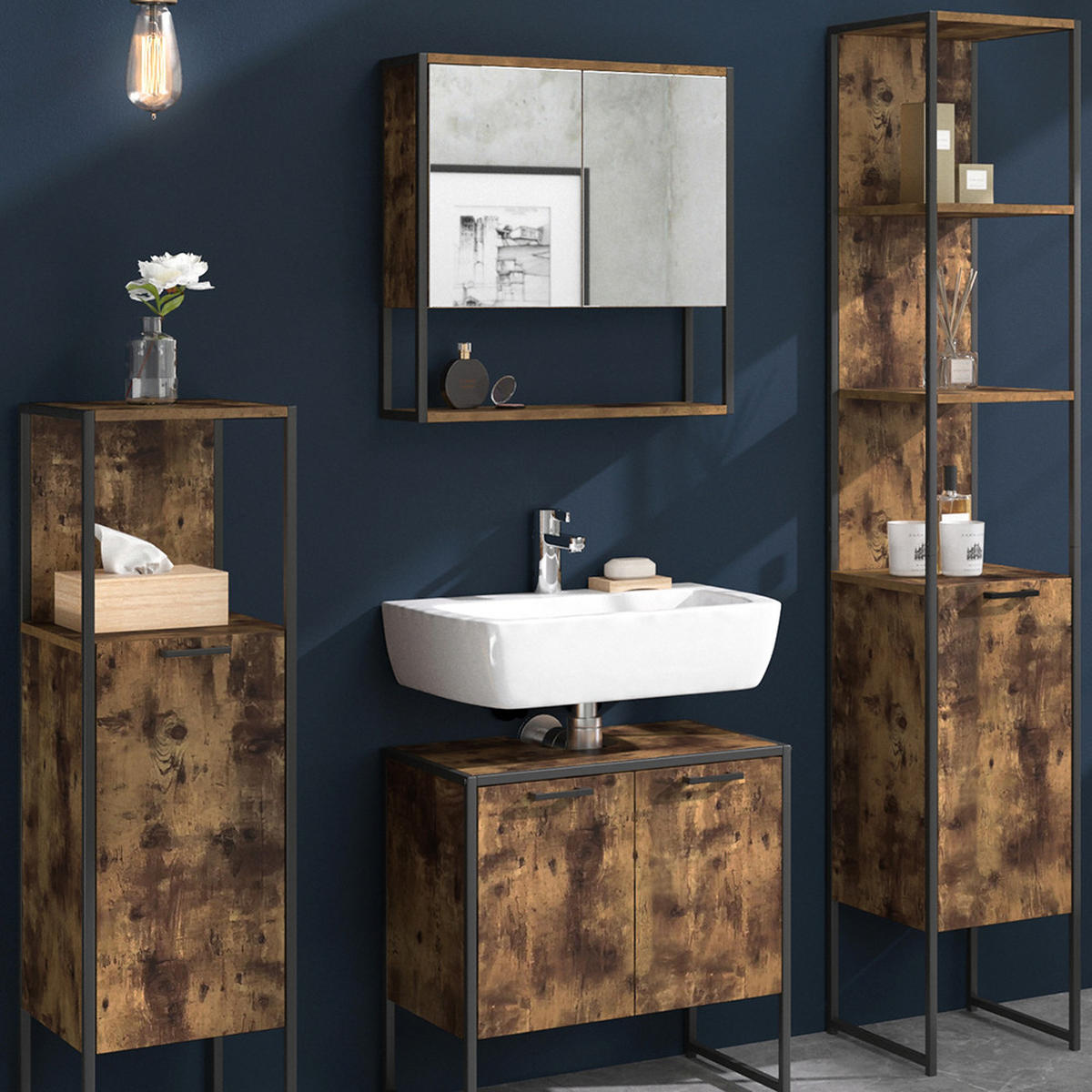 BADMÖBEL-SET Fyrk Antikholz 4 Teile - Eichefarben/Schwarz, Holzwerkstoff (60/60/33cm) - Vicco