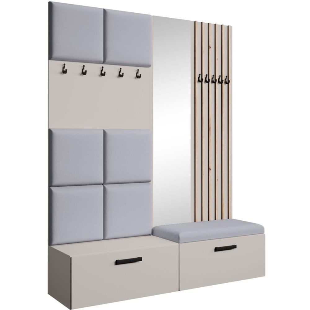 Beautysofa PŘEDSÍŇOVÁ sestava Margaret I+II 162/203/43 s čalouněnými panely / lamelami / zrcadlem, kašmírová|dub artisan
