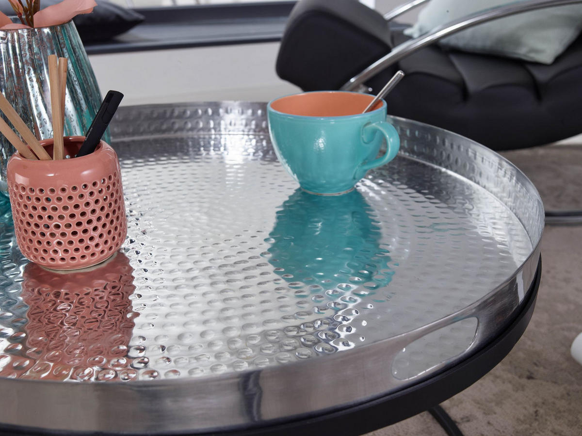 COUCHTISCH mit Hammerschlag-Struktur, abnehmbares Tablett, aus Aluminium und Eisen, Silber 62x62x36 cm - Silberfarben/Schwarz, Metall (62/62/36cm) - KADIMA DESIGN