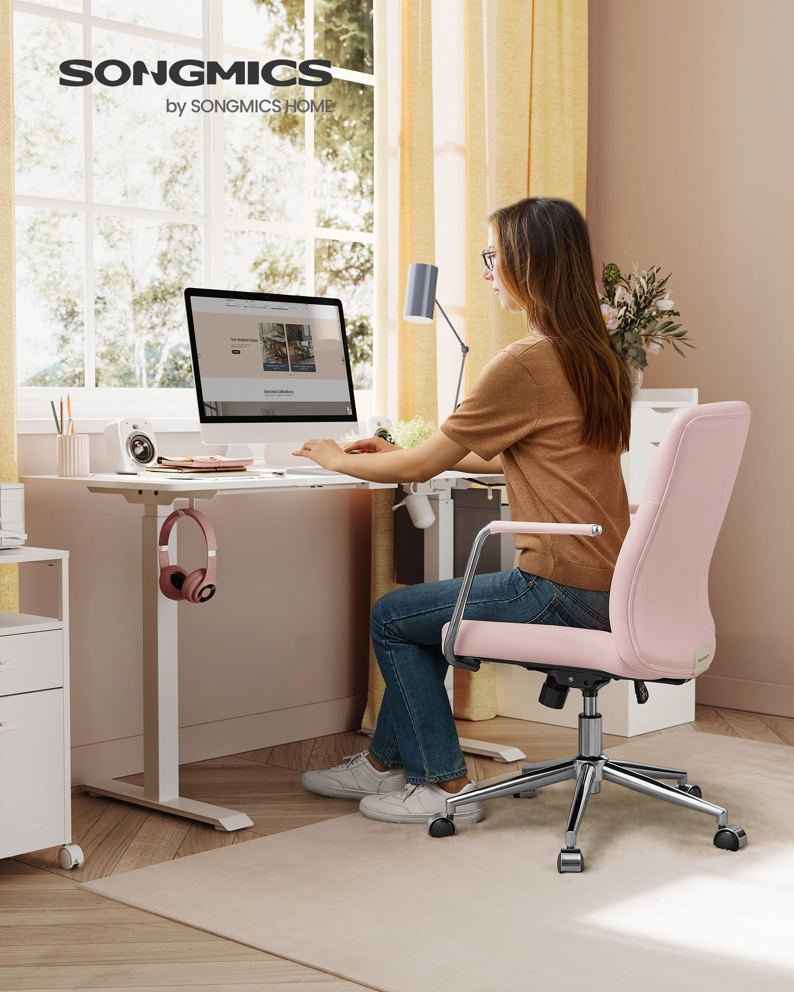 BÜROSTUHL Lotus - Hellrosa, Leder (64/100/64cm) - SONGMICS