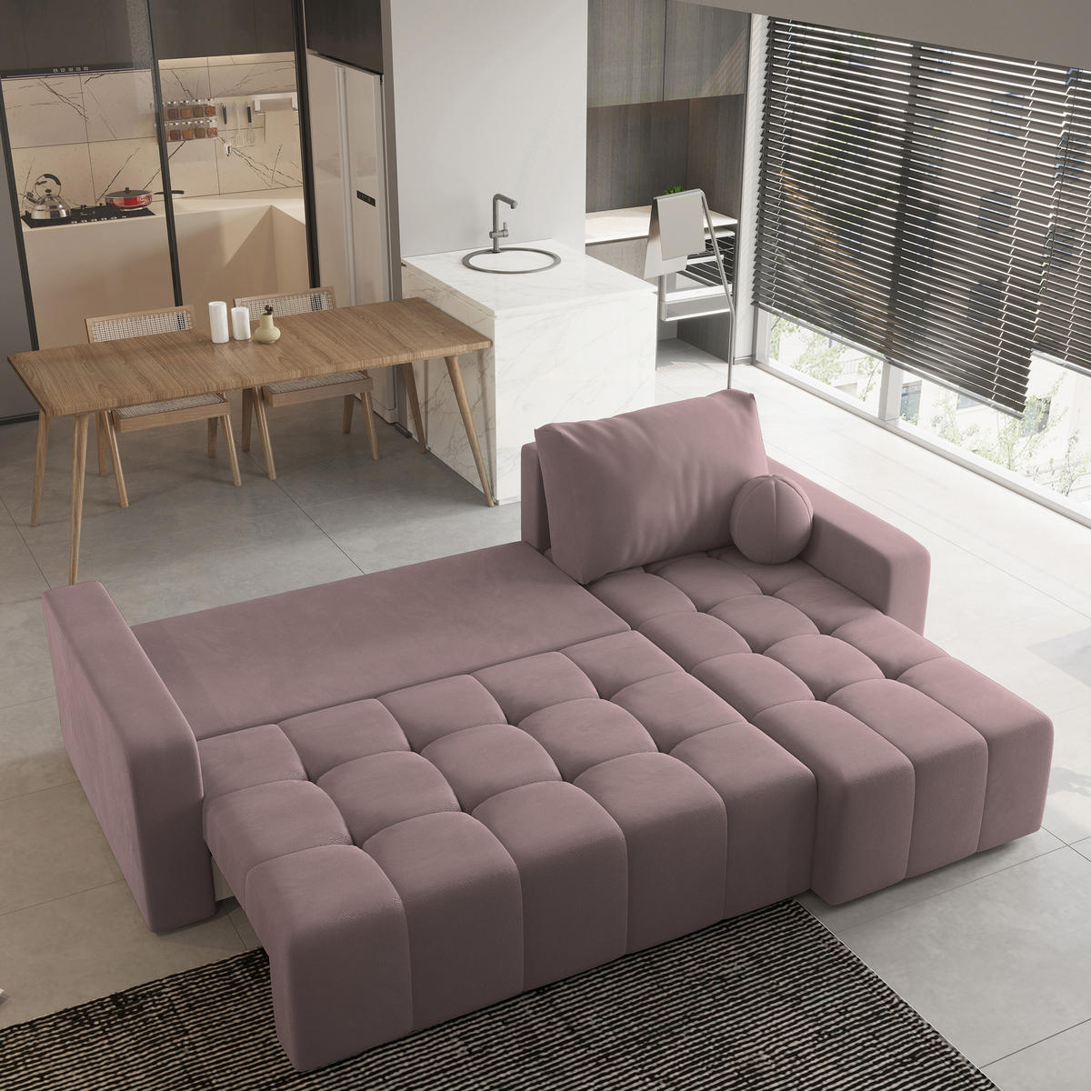 ECKSOFA VOLIRA Rosa Plüsch-Stoff mit Schlaffunktion - Rosa, Holz (230/143cm) - MASSENO