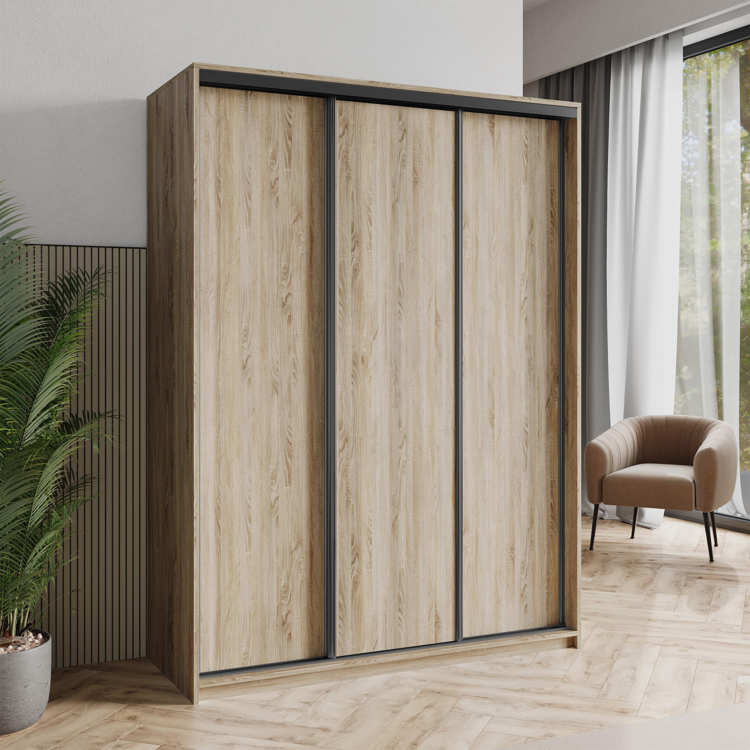 SCHWEBETÜRENSCHRANK NISSE 150/205/60 cm 3-türig Sonoma Eiche - Sonoma Eiche, Holzwerkstoff (150/205/60cm) - MASSENO
