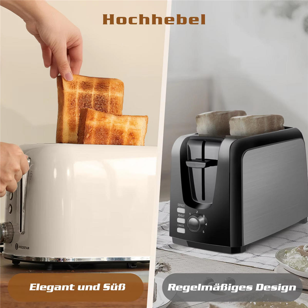 TOASTER 2 Scheiben 6 Stufen Liftfunktion 800W Edelstahl - Beige, Metall (15.5/18/24cm) - Kaket
