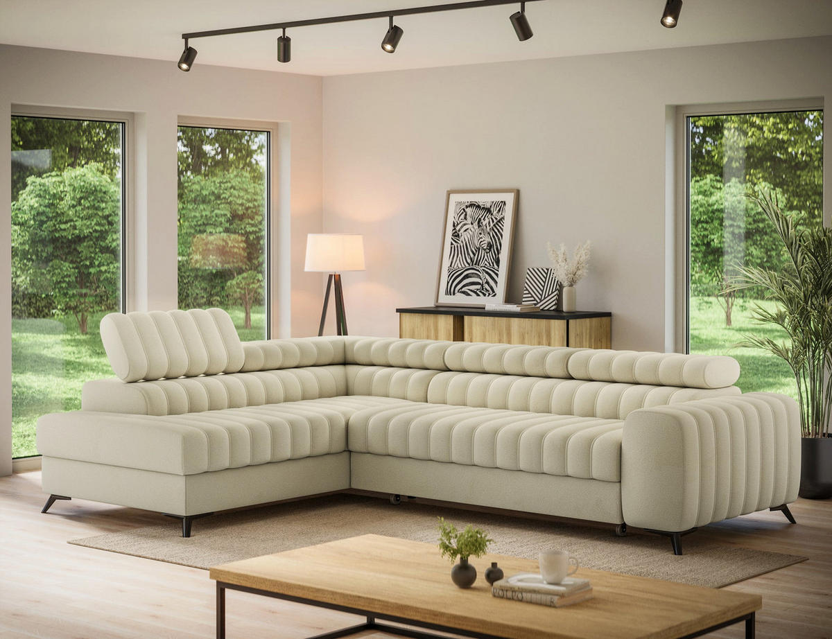 KANEDO Ecksofa mit Schlaffunktion und Bettkasten – Modernes Designsofa, verstellbare Kopfstützen, Metallfüße - Beige, Kunststoff (269/86cm) - Wohnideebilder