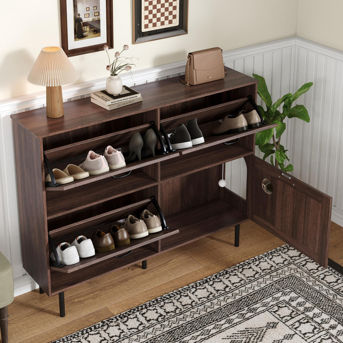 SCHUHSCHRANK aus Spanplatte 120x28x92cm in Walnussfarben mit Katzenspielzeug - Walnussfarben, Holzwerkstoff (120/92/28cm) - Modfu