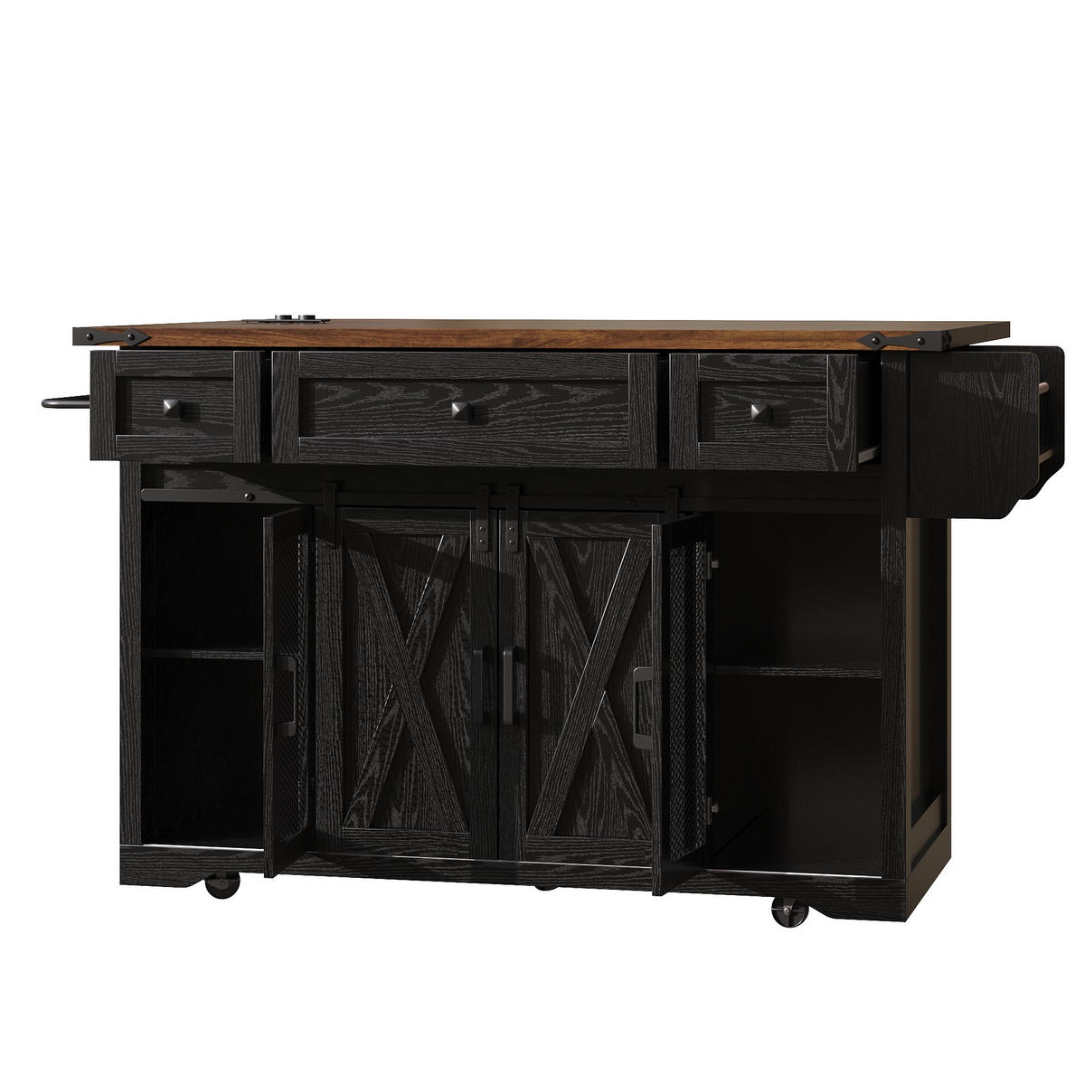 SERVIERWAGEN Multifunktion Küchenwagen Set mit Barhockern ausklappbarer Arbeitsfläche Holz/Metall Set-1 - Schwarz, Holzwerkstoff/Metall (144.4/91.5/75cm) - EVRYAE