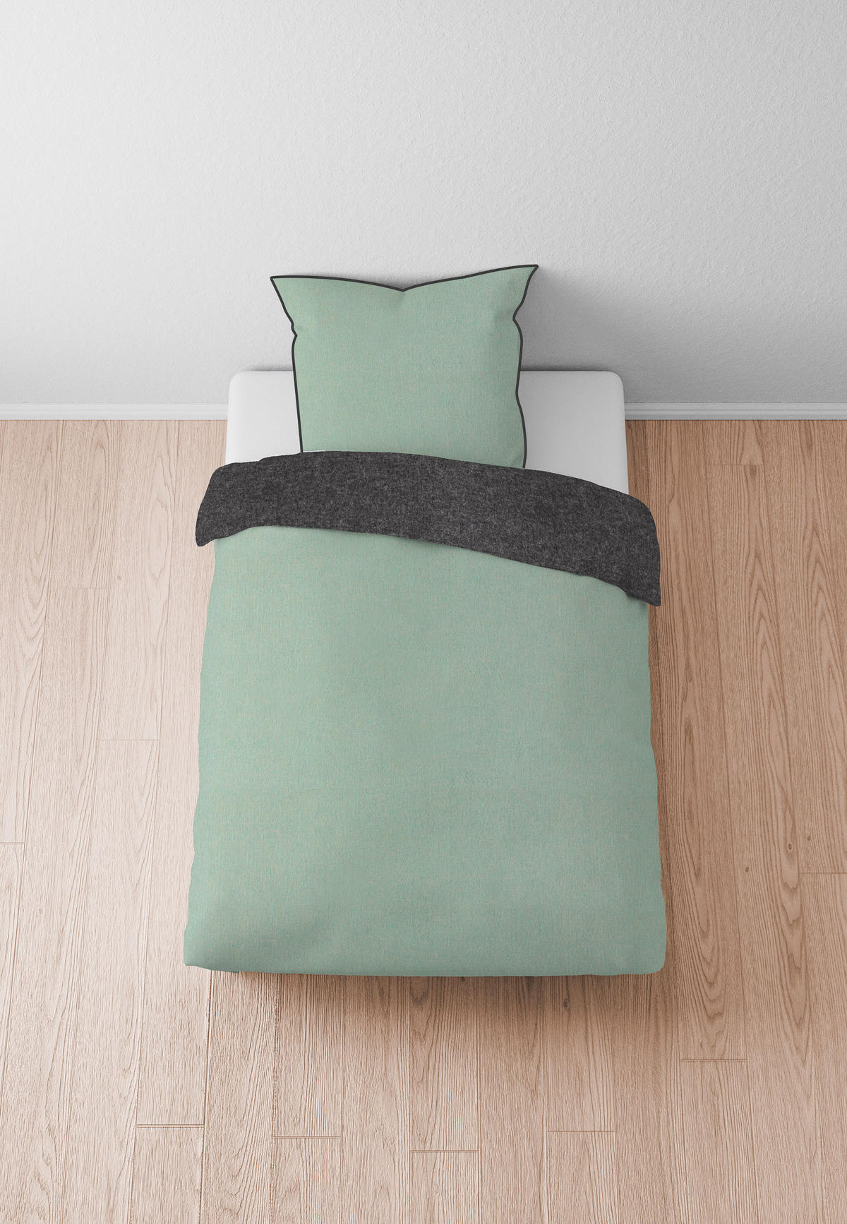 BETTWÄSCHE-GARNITUR Biber Melange UNI mint, 155x200 cm + 80x80 cm - Mintgrün, Textil (155/200cm) - biberna