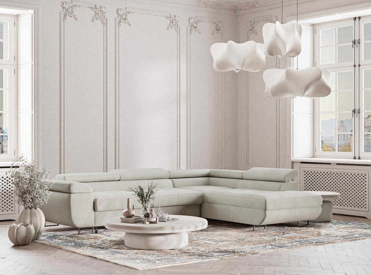 ECKSOFA Concord Creme Chenille-Stoff - Rechts Seite - Creme/Schwarz, Holz/Holzwerkstoff (277/203cm) - Maison de Reve