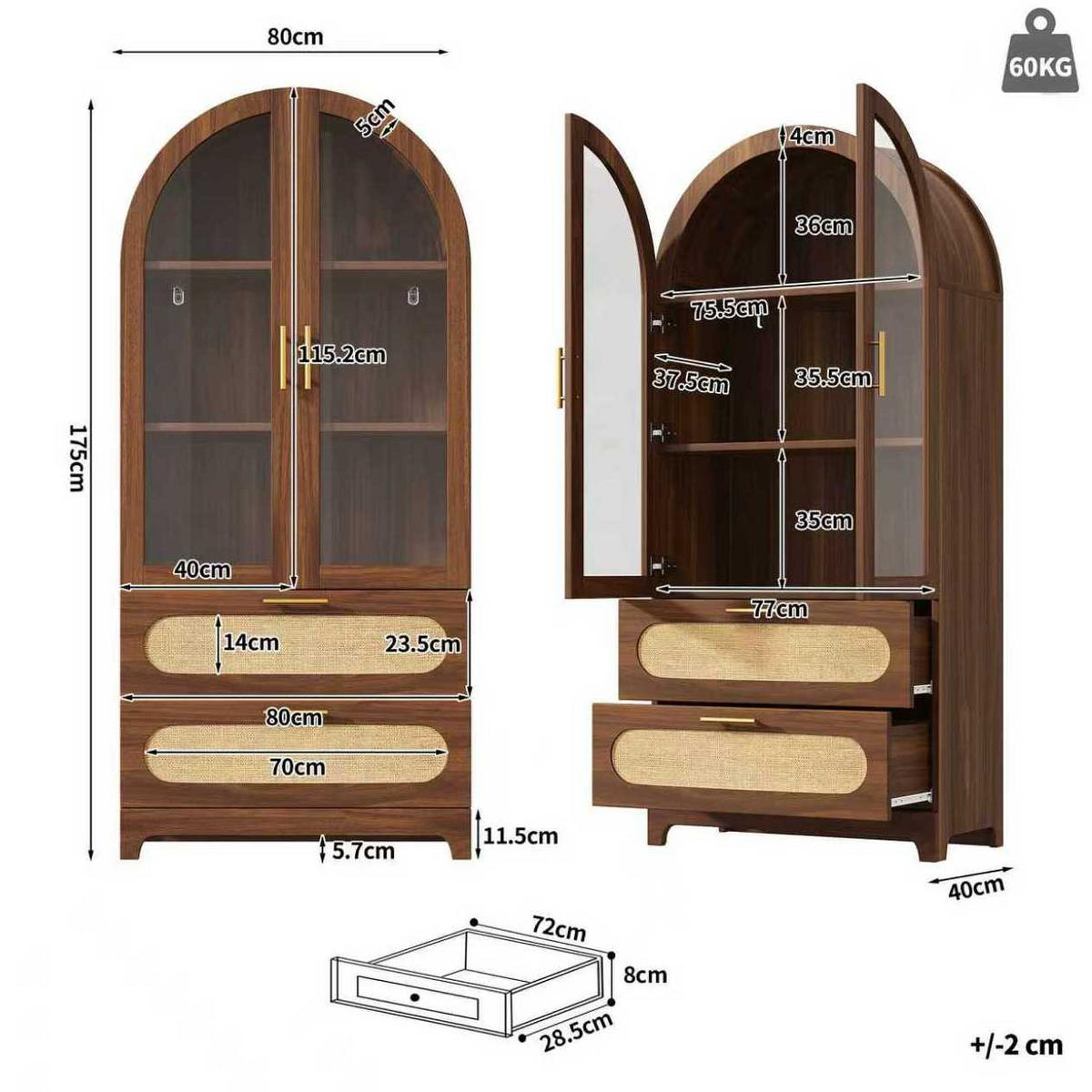 VITRINE mit Glastüren 80 x 40 x 175 cm Holzoptik 2 Schubladen - Braun, Holzwerkstoff (40/175/160cm) - Meubliv