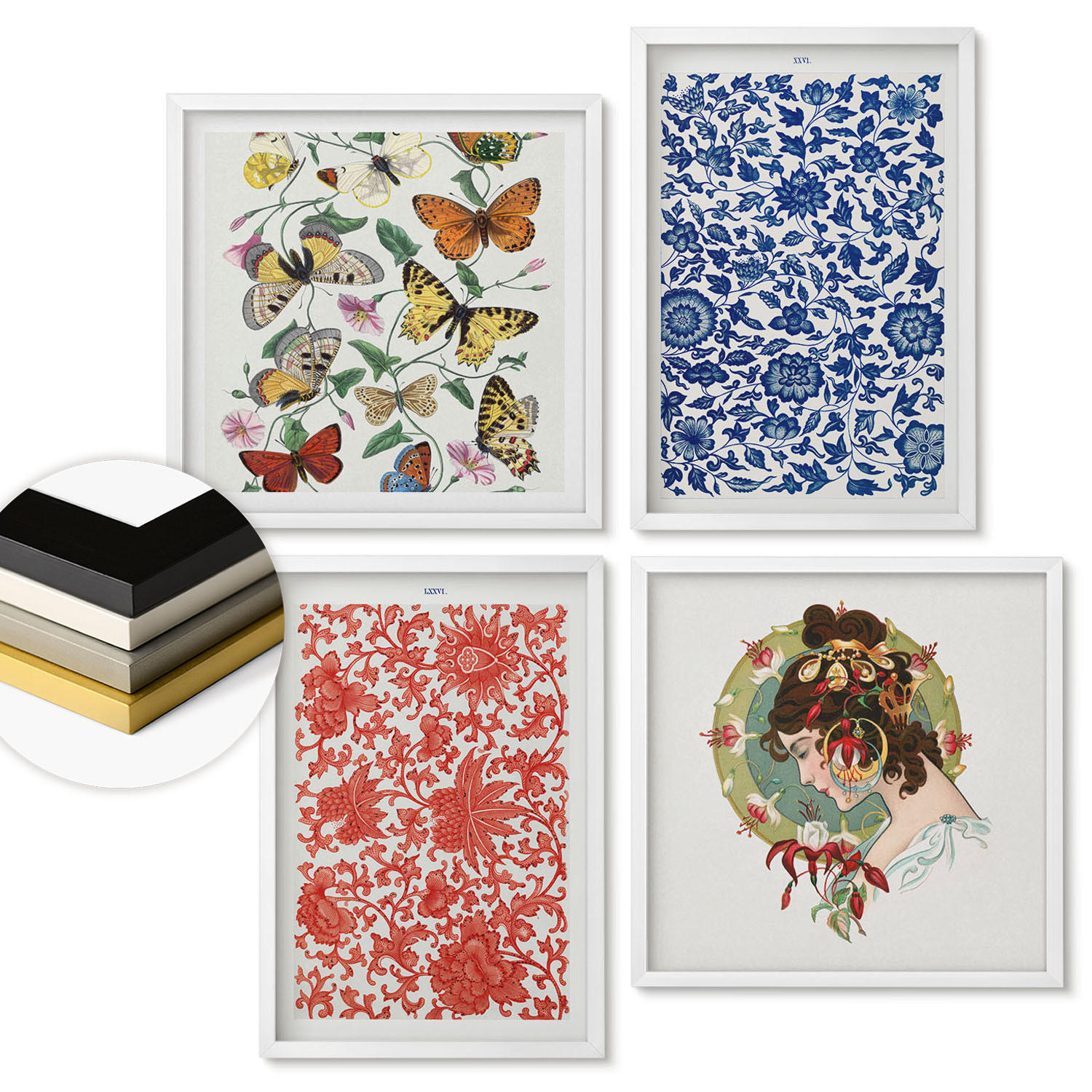 WANDBILDER 4er-Set - 50x50 cm & 40x60 cm Weißer Rahmen - Vintage-Blumen-Schmetterlings-Ornamente - Weiß, Kunststoff (50/50cm) - ArtPrintCave