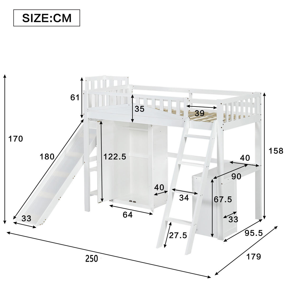 ETAGENBETT aus Kiefer, MDF und Sperrholz 250x194x170 cm Weiß mit Rutsche, Tisch, Kleiderschrank und Regalen - Weiß, Holzwerkstoff (90/200cm) - Modfu