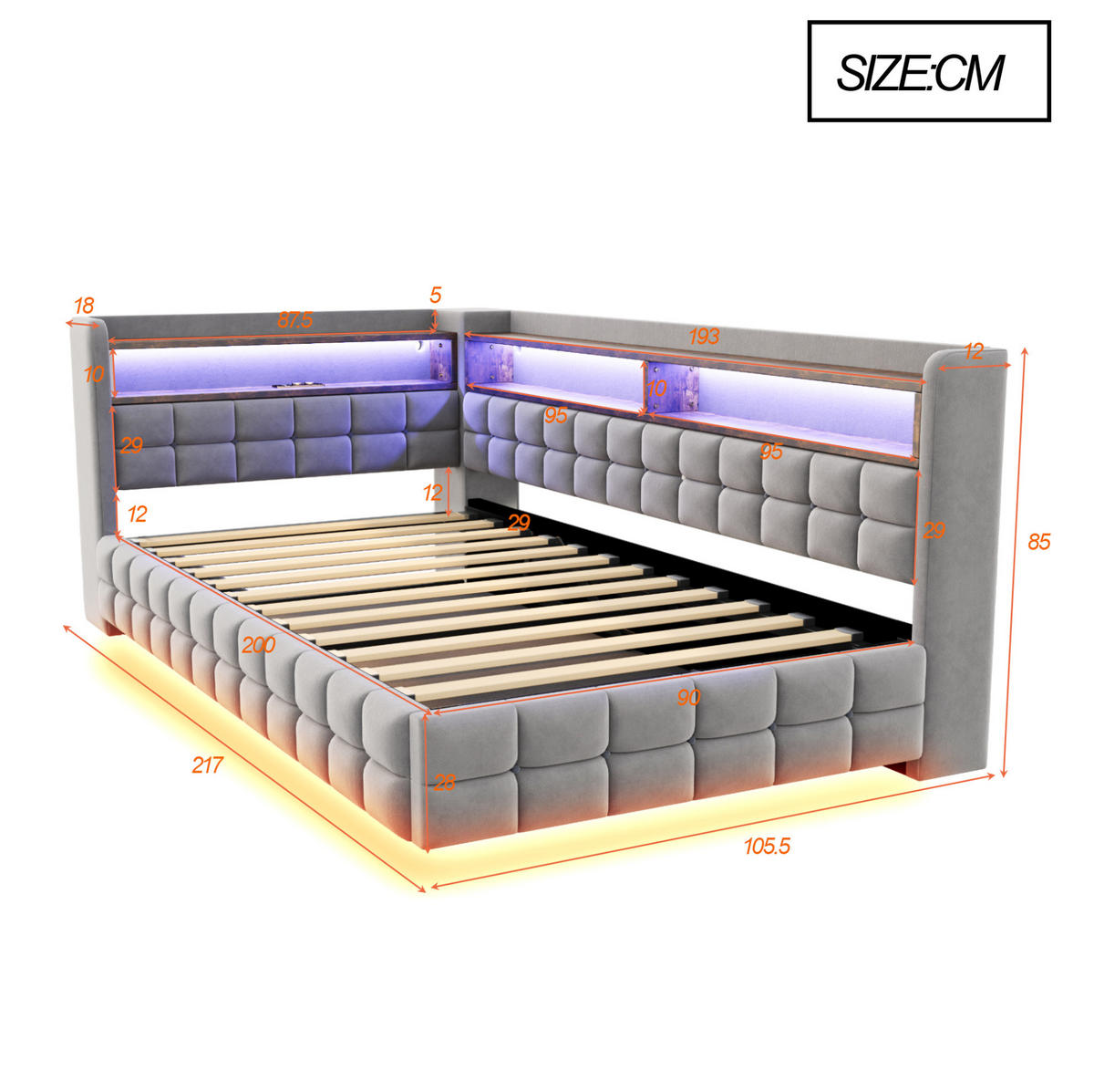 POLSTERBETT aus Samtstoff 90x200 cm Hellgrau mit LED-Beleuchtung, USB-, Typ-C-Anschluss, Steckdose und hydraulischem Stauraum - Hellgrau, Textil (90/200cm) - Modfu