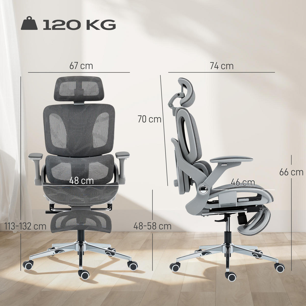 KONTORSSTOL Mesh 100 polyester grå - Silverfärgad/Grå, Textil/Plast (67/132/74cm) - HOMCOM
