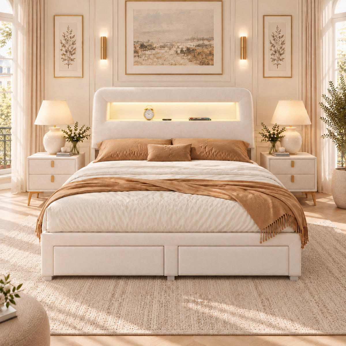 POLSTERBETT 140/200 cm mit Ablagekopfteil, LED-Beleuchtung, USB-Anschluss, Seitenablagen und zwei Unterbettschubladen - Beige, Holz/Metall (140/200cm) - Joyfair
