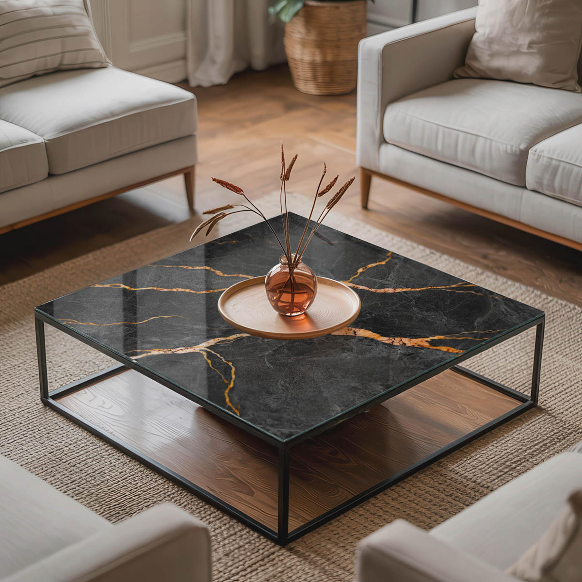 TISCHPLATTE 60x60 cm Marmoraderung im Design - Goldfarben/Schwarz, Glas (60/60/0.4cm) - TULUP