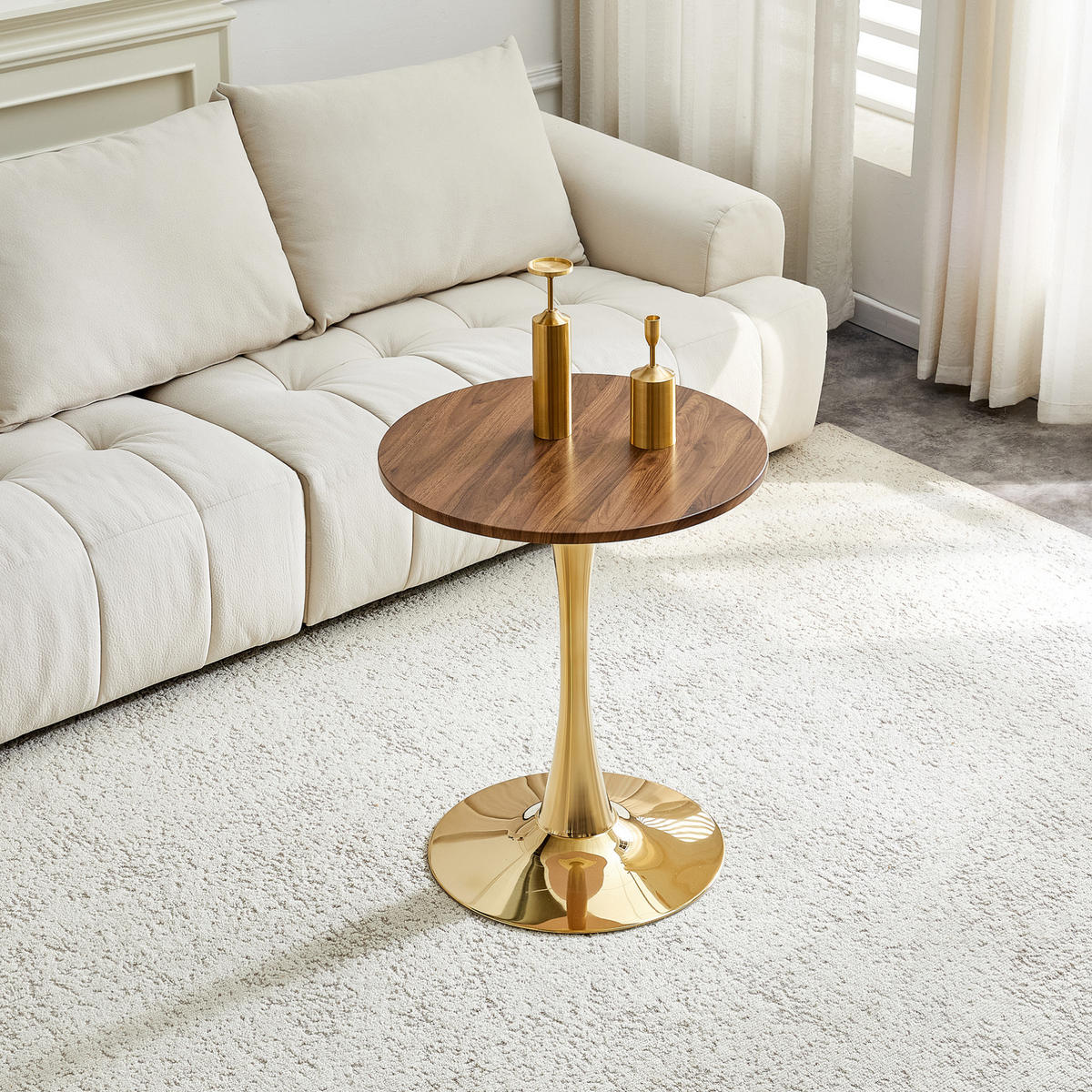 BEISTELLTISCH 60/60/72 cm mit runder MDF-Tischplatte und Metallfuß in Mid-Century-Optik, Gold/Walnuss - Goldfarben, Holzwerkstoff (60/60/72cm) - Redom