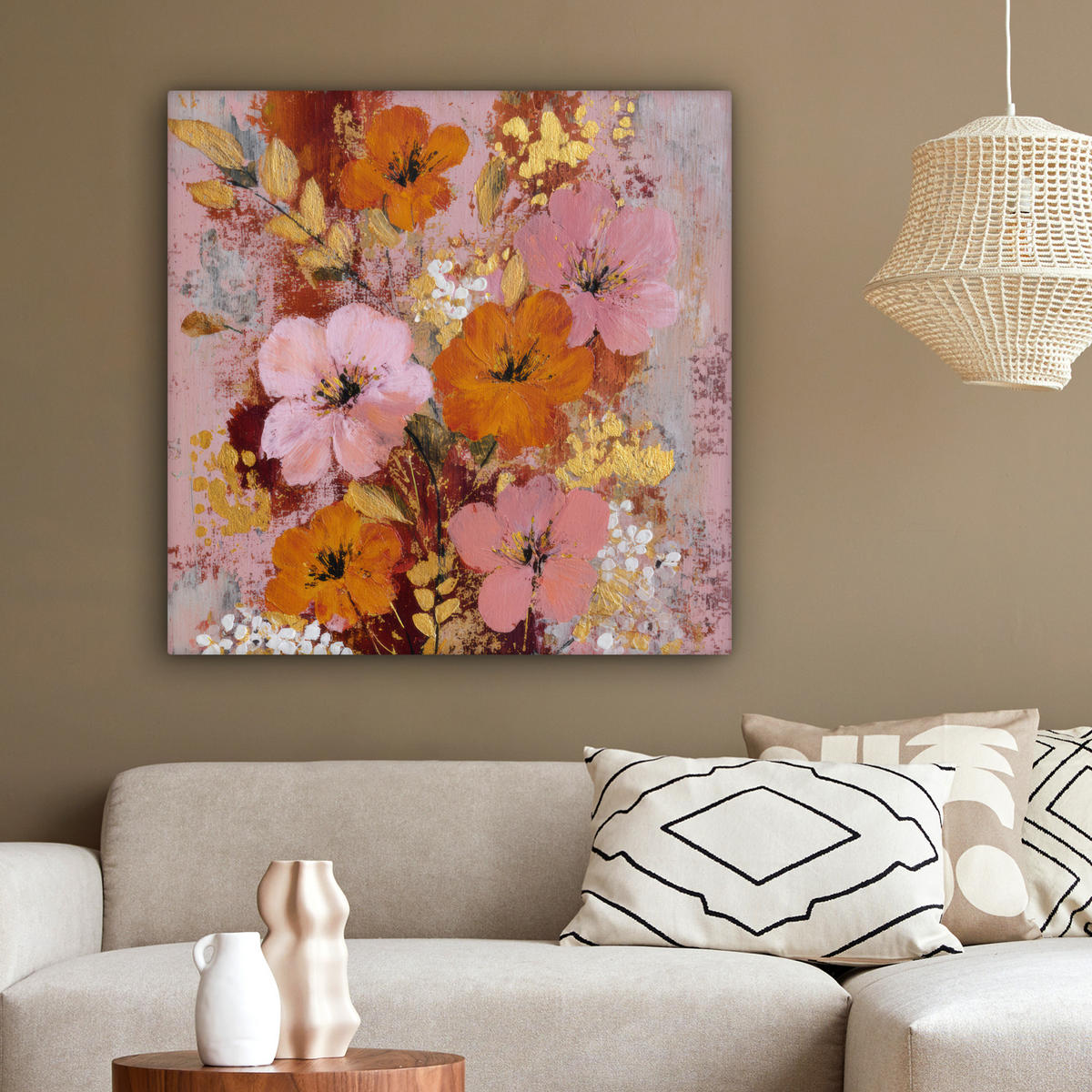 LEINWANDBILD Malerei - Blumen - Rustikal - Rosa Deko Groß 90x90 cm - Altrosa, Textil (90/90cm) - MuchoWow