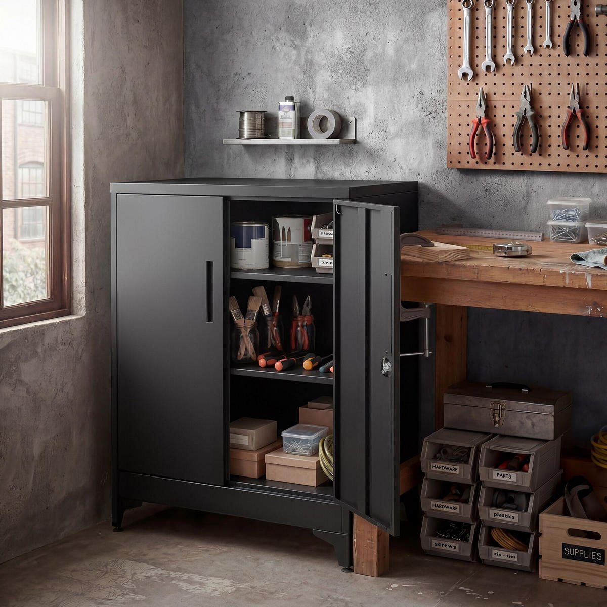 AKTENSCHRANK Blake, Kippschutz, höhenverstellbare Füße, schwarz - Schwarz, Metall (80/100/40cm) - tectake