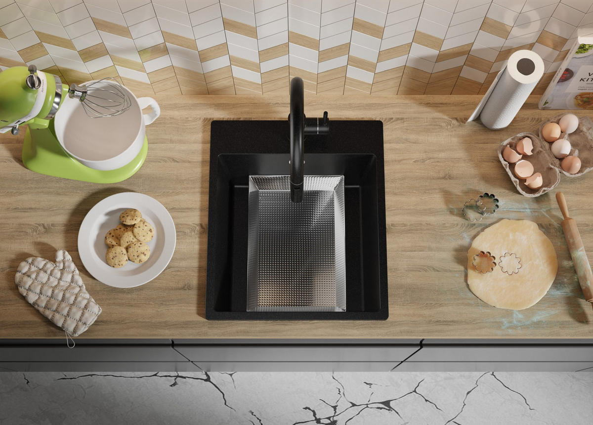 SPÜLBECKEN Riga, 2-er set Schwarz 43/50 cm 1 Becken + Ablauf-Set ab 45er Unterschrank - Chromfarben/Schwarz, Kunststoff (43/20/50cm) - Primagran