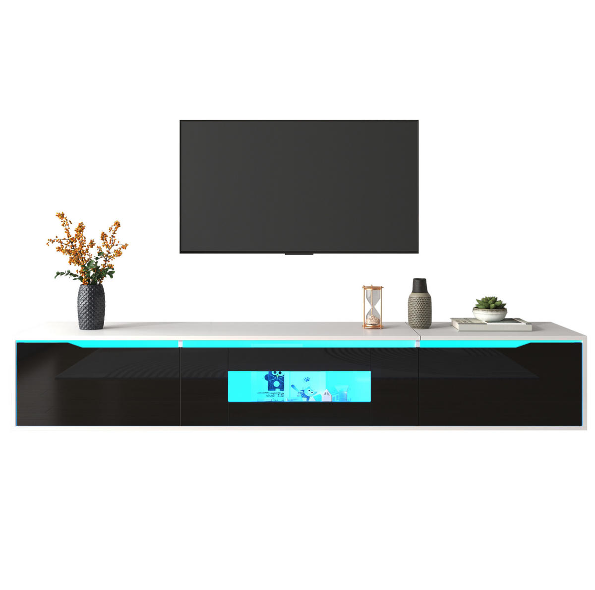 TV-SCHRANK aus Holzwerkstoff 180x35x30 cm Weiß/Schwarz mit LED-Beleuchtung und geriffelten Türen - Schwarz, Holzwerkstoff (180/35/30cm) - Modfu