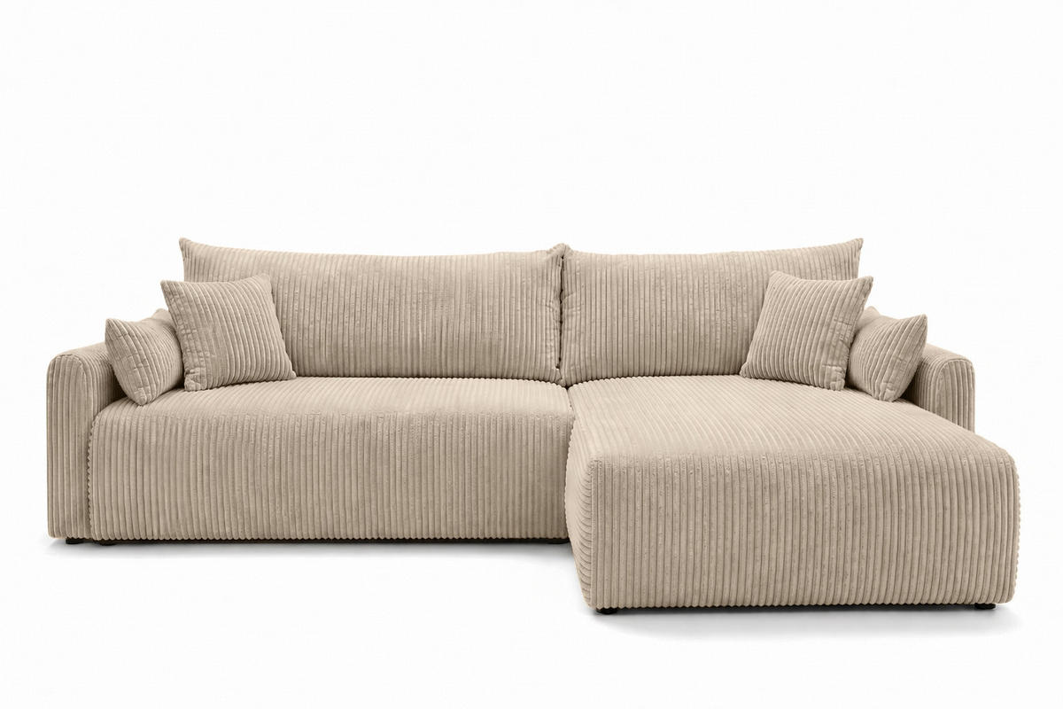 ECKSOFA Mit Schlaffunktion, Cordstoff Poso, Dunkelbeige, Rechts, JAPANDI - Beige, Holz (262/145cm) - Kaiser Möbel