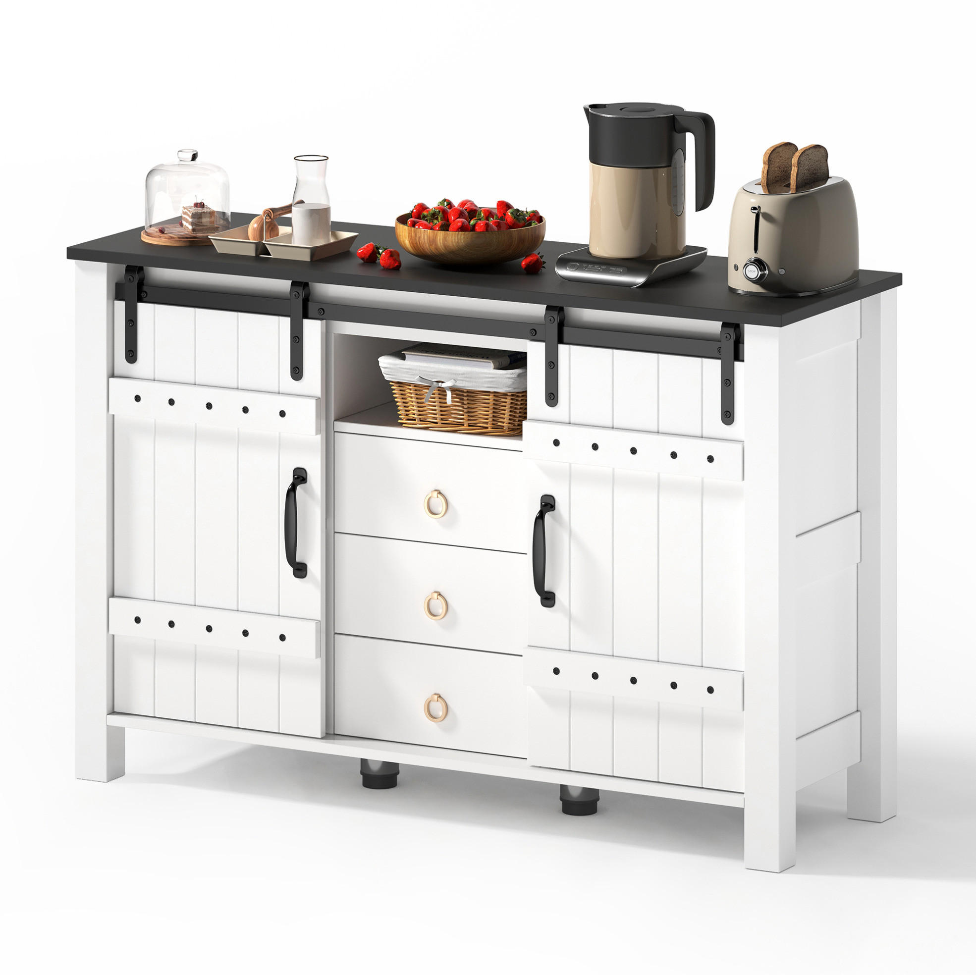 SIDEBOARD im Landhausstil mit 2 Schiebetüren und 3 Schubladen, MDF, 120/40/80 cm, Weiß - Weiß, Holzwerkstoff (120/80/40cm) - Redom