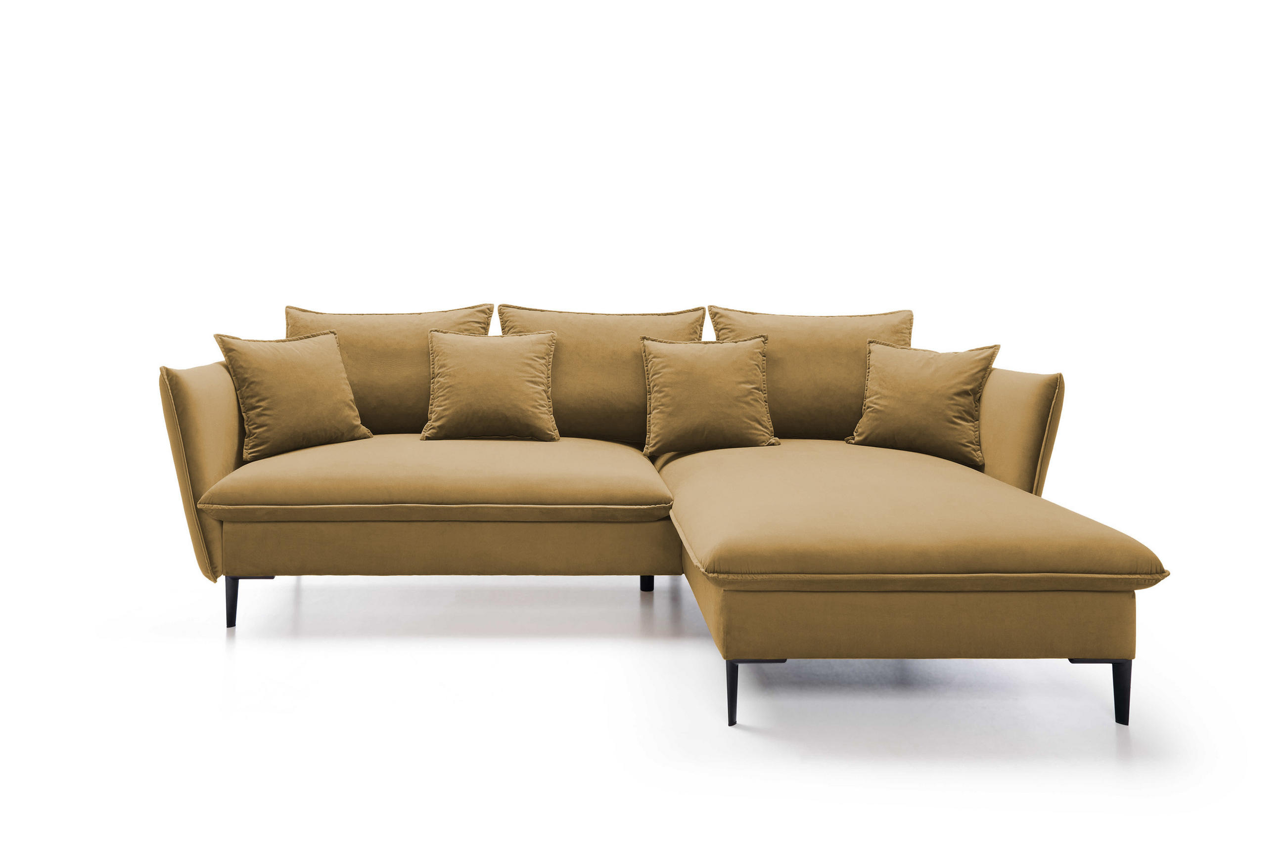 ECKSOFA GLOSS mit Schlaffunktion, Ottomane & goldenen Füßen – Samtsofa im GLOSSour-Stil mit Zierkissen, 258x167x91 cm, Rechte, LILA - Bordeaux, Holz/Textil (258/167cm) - DomoHome