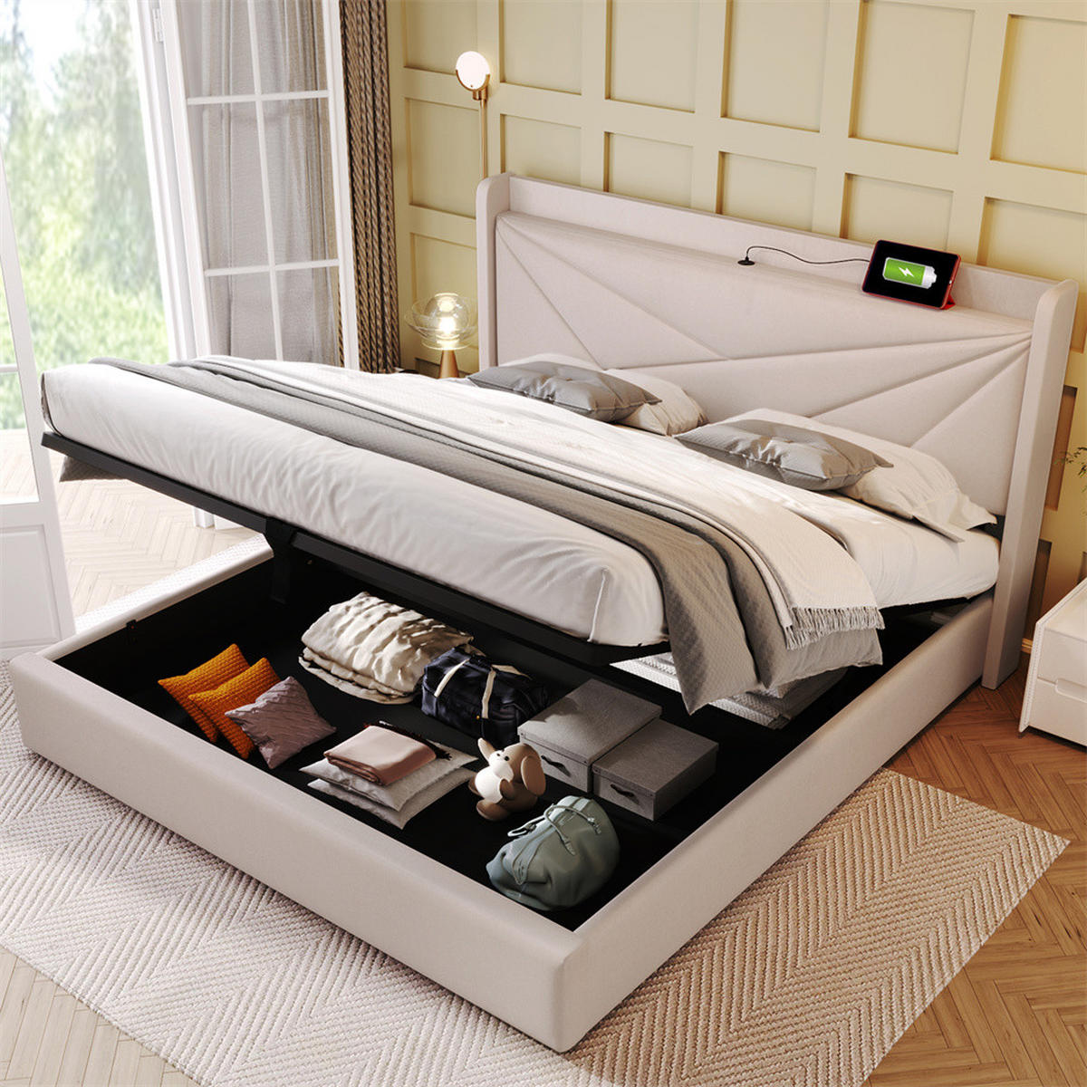 POLSTERBETT 140/200cm in Beige Leinen mit USB Typ C Ladefunktion Kopfteil - Beige, Holz/Textil (140/200cm) - KOMHTOM