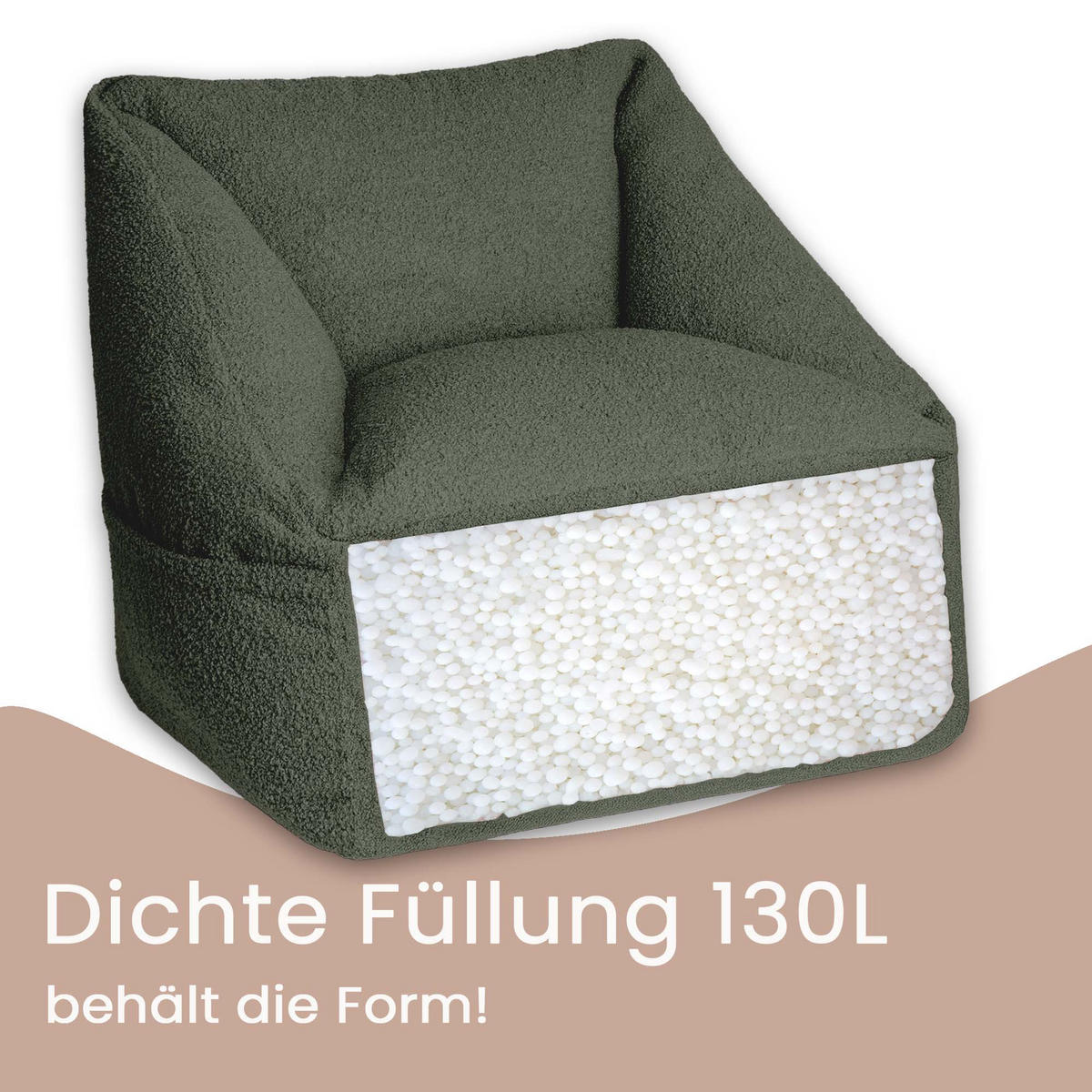 SITZSACK-SESSEL Bambino 55/60/55 cm, weicher Bouclé 315 g/m², mit Griff & Seitentasche, Grün - Grün, Textil (55/55/60cm) - Dreamroots