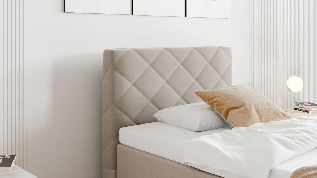 BOXBETT Diamaro 100x200 cm mit Bettkasten und Topper - Dunkelbeige - Beige, Holz (100/215cm) - Panda Möbel