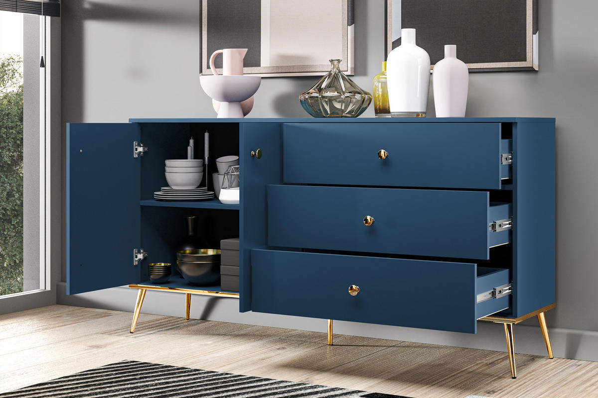 KOMBIKOMMODE ARICIA viel Stauraum, Marineblau - Blau, Holz (160/85/40cm) - KONSIMO®