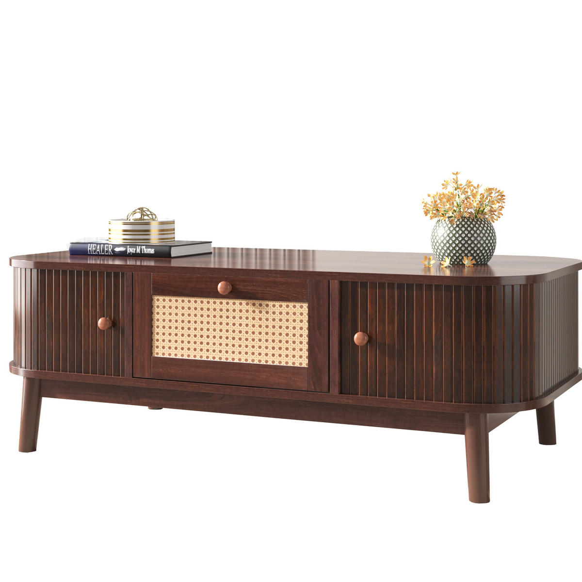 COUCHTISCH 110/55/38,5 cm mit Rattan und Schiebetüren in Natur - Naturfarben, Holzwerkstoff (110/55/38.5cm) - Flora Grace