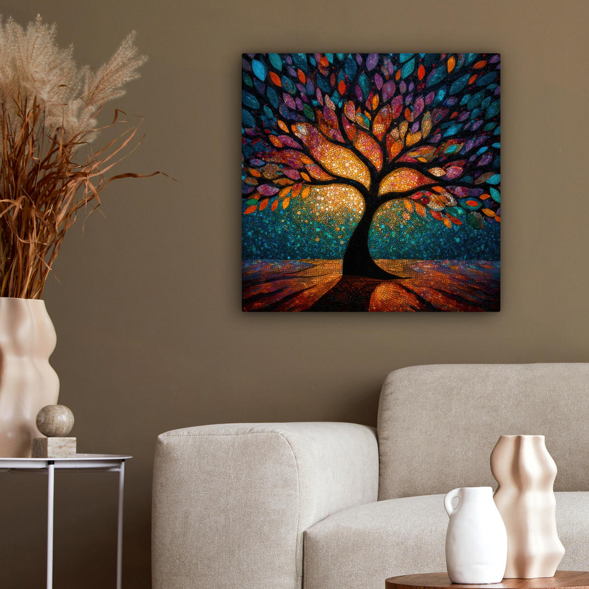 LEINWANDBILD Mosaik - Bunt - Baum - Äste Wandbild Wohnzimmer 50x50 cm - Multicolor, Textil (50/50cm) - MuchoWow