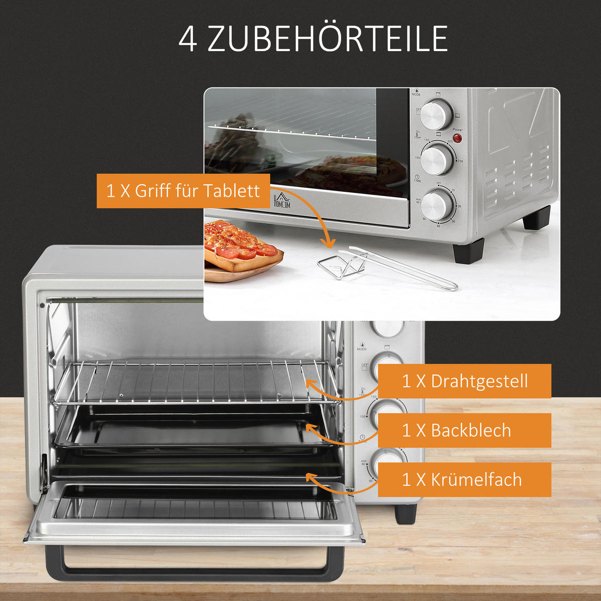 MINIBACKOFEN 32L 1600W Elektrischer Ofen mit Umluft, Backblech, Grillrost & Krümelblech, Edelstahl Glas, Silber - Silberfarben, Metall (52.2/33.5/38.1cm) - Beaface
