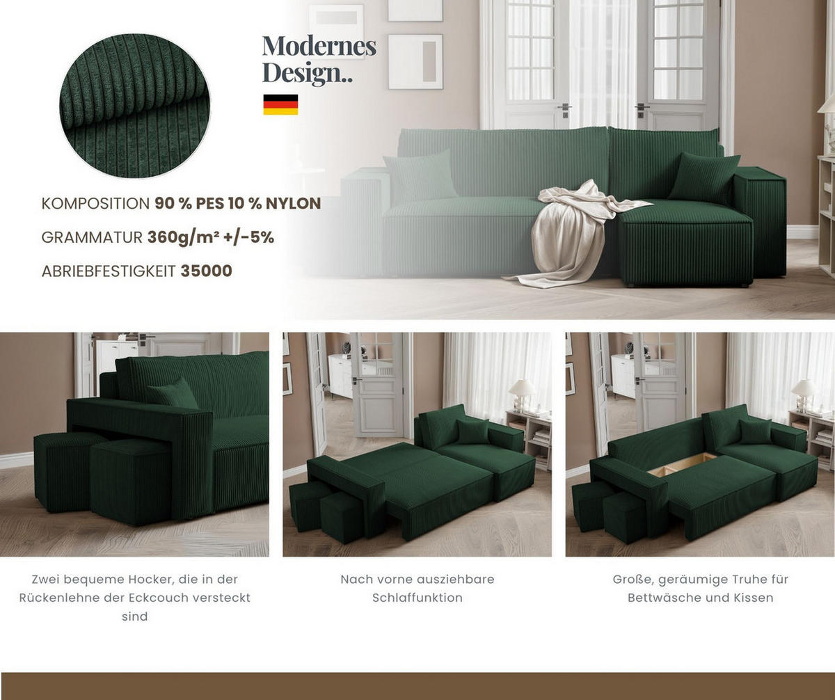 ECKSOFA PARIS mit Schlaffunktion und Bettkasten Grün - Grün, Holzwerkstoff/Kunststoff (262/145cm) - Idohome