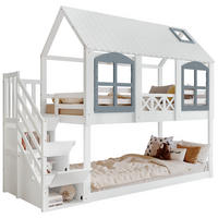 ETAGENBETT aus Kiefer und MDF 90x200 cm Weiß/Grau mit Dach, Fenstern, Fallschutz und Stauraumtreppe - Weiß, Holzwerkstoff (90/200cm) - Modfu
