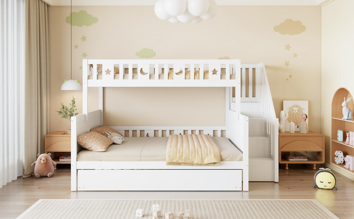 KINDERBETT Weiß Liegefläche 90/200 cm und 140/200 cm, Etagenbett mit Sicherheitstreppe, Rollbett und Lattenrost - Weiß, Holz (90/200cm) - PANGIVO