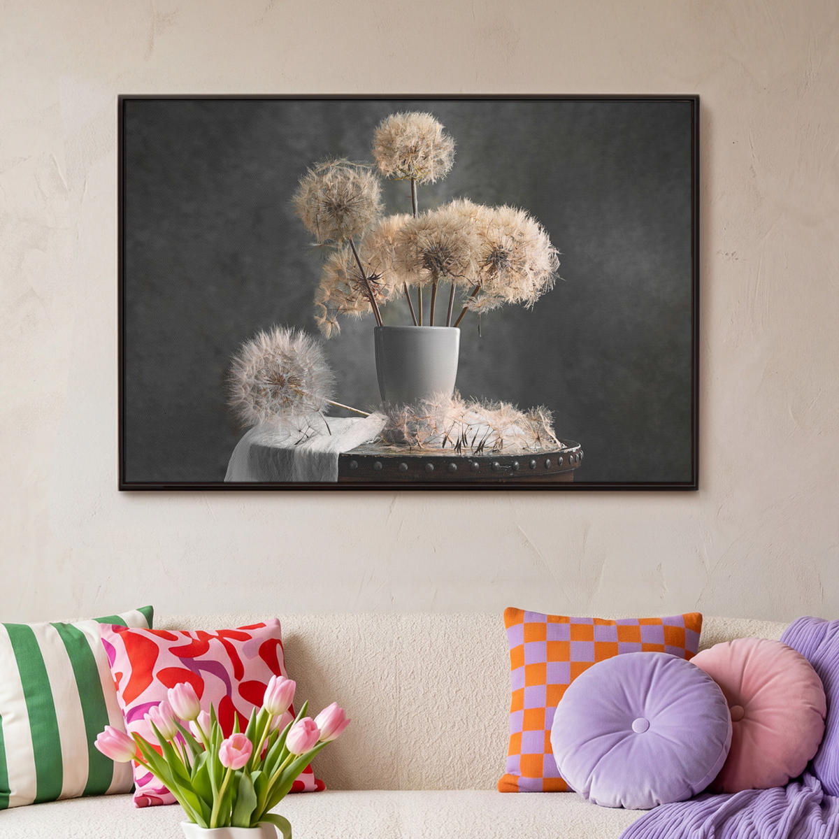 LEINWAND Bilder mit Rahmen - Blumensamen - Löwenzahn - Vase - Stilleben - Blumenstrauß - 90x60 - Dunkelgrau, Textil (90/60cm) - MuchoWow