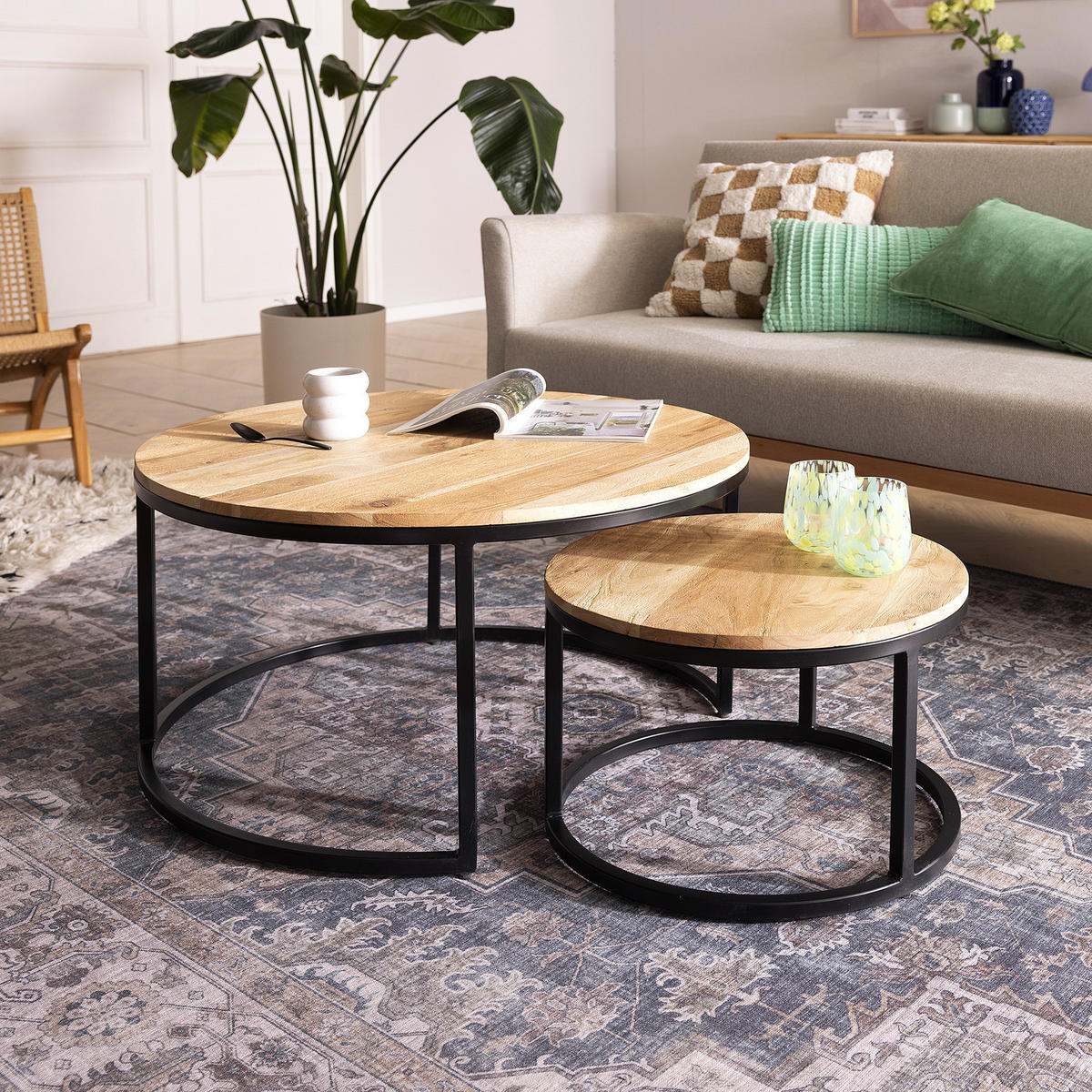 COUCHTISCH-SET - 2-teilig - Schwarz/Akaziefarben, Holz/Metall (80/80/42cm) - home24