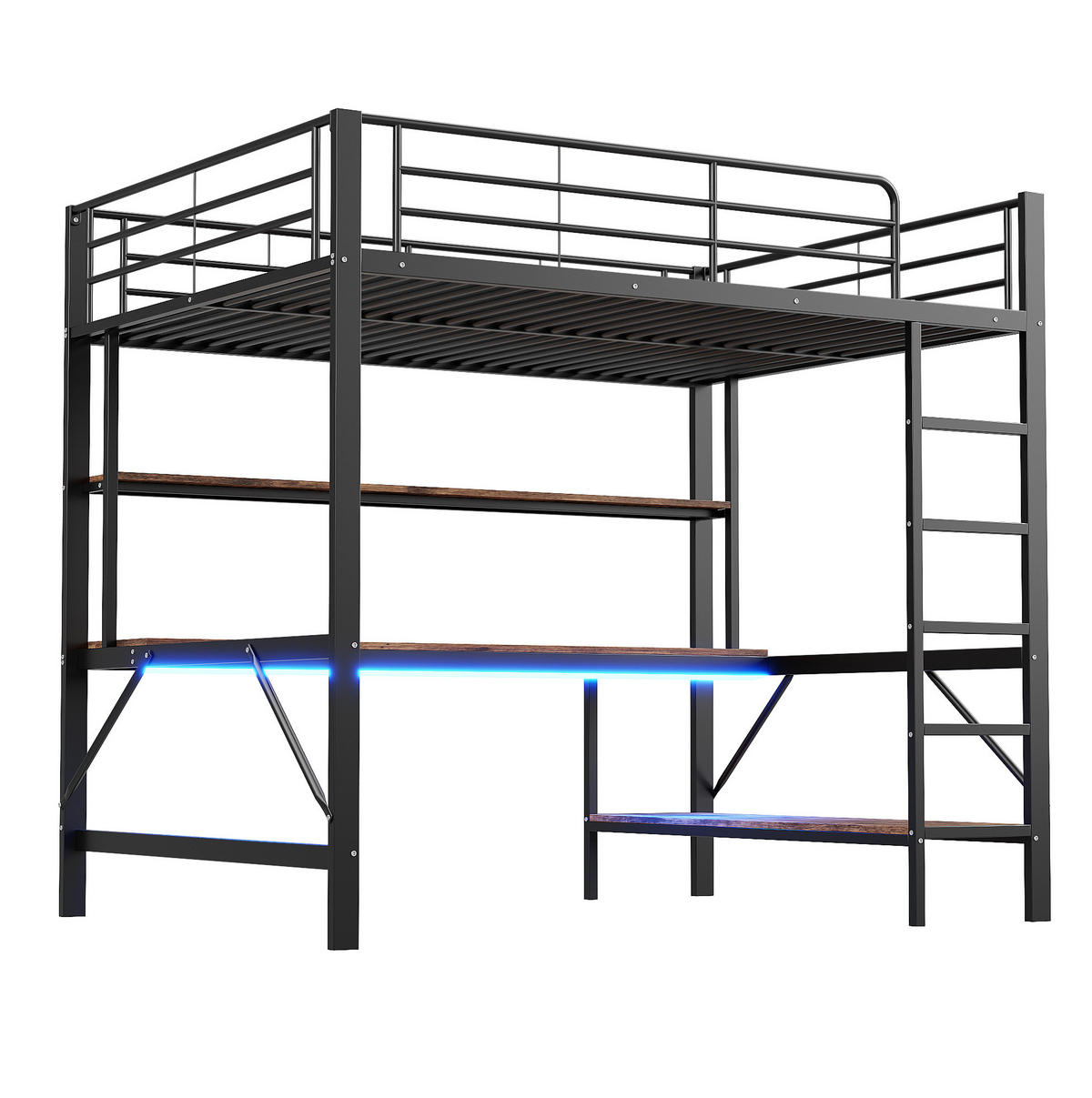 HOCHBETT aus Metall und MDF 140x200 cm Schwarz mit Schreibtisch, Regal, LED-Licht und USB-Anschluss - Schwarz, Metall (140/200cm) - IVMEU