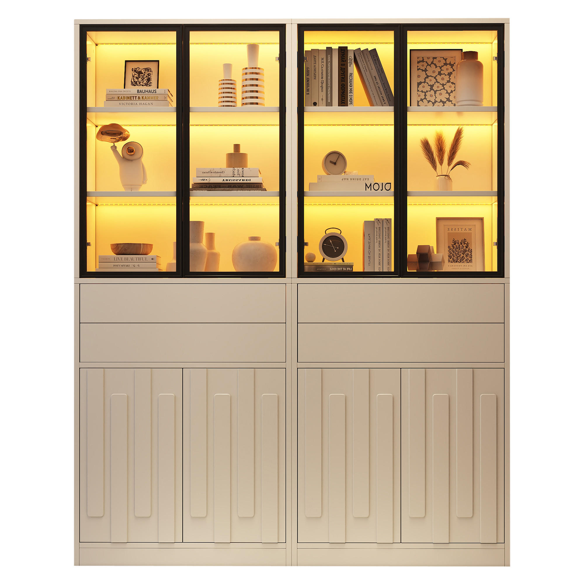 VITRINE 2er-Set 140x34x180 cm Weiß LED Glastüren - Weiß, Holzwerkstoff (140/180/34cm) - FLIEKS