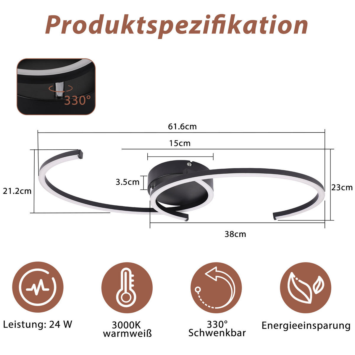 LED-DECKENLEUCHTE Hornwall 61.6/7.0/23.0 cm - Schwarz, Metall (23/61.6/7cm) - ZMH