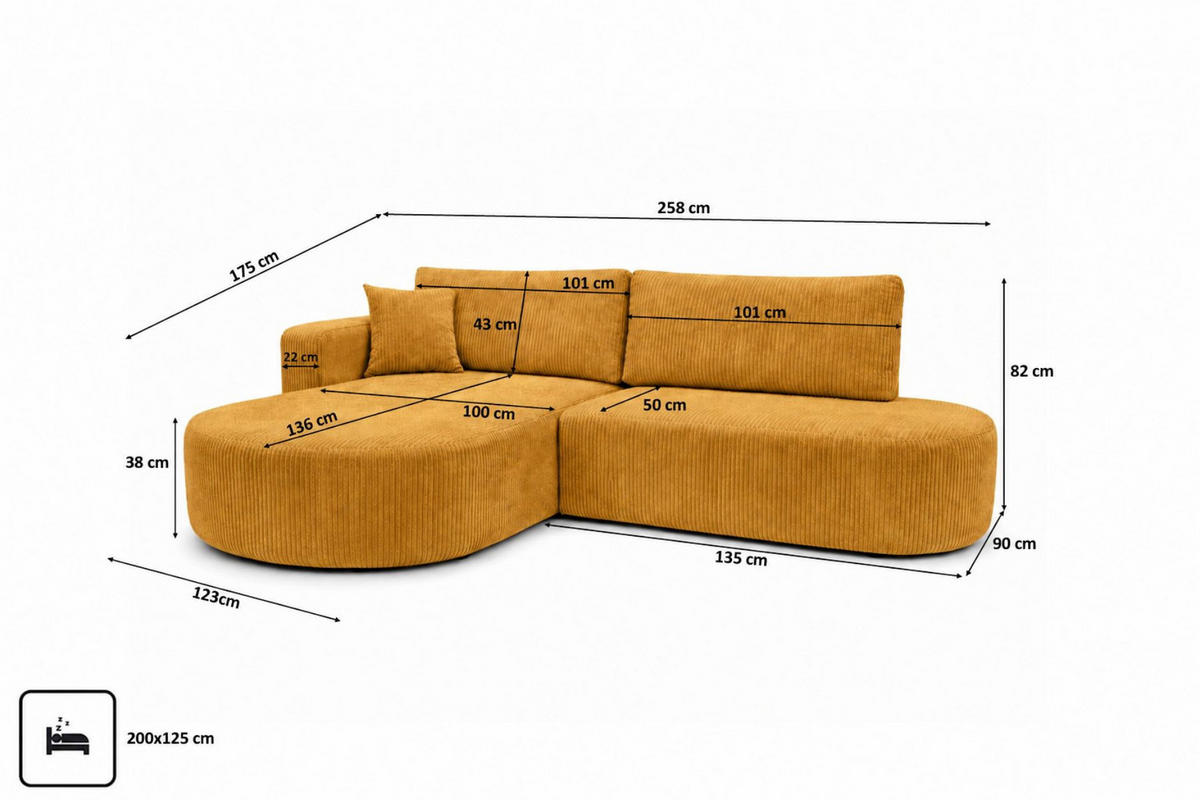 ECKSOFA Mit Schlaffunktion Und Bettkasten, Cordstoff Poso, Senffarbe, Links, ROUND ONE OPEN XL - Gelb, Holz (258/175cm) - Kaiser Möbel