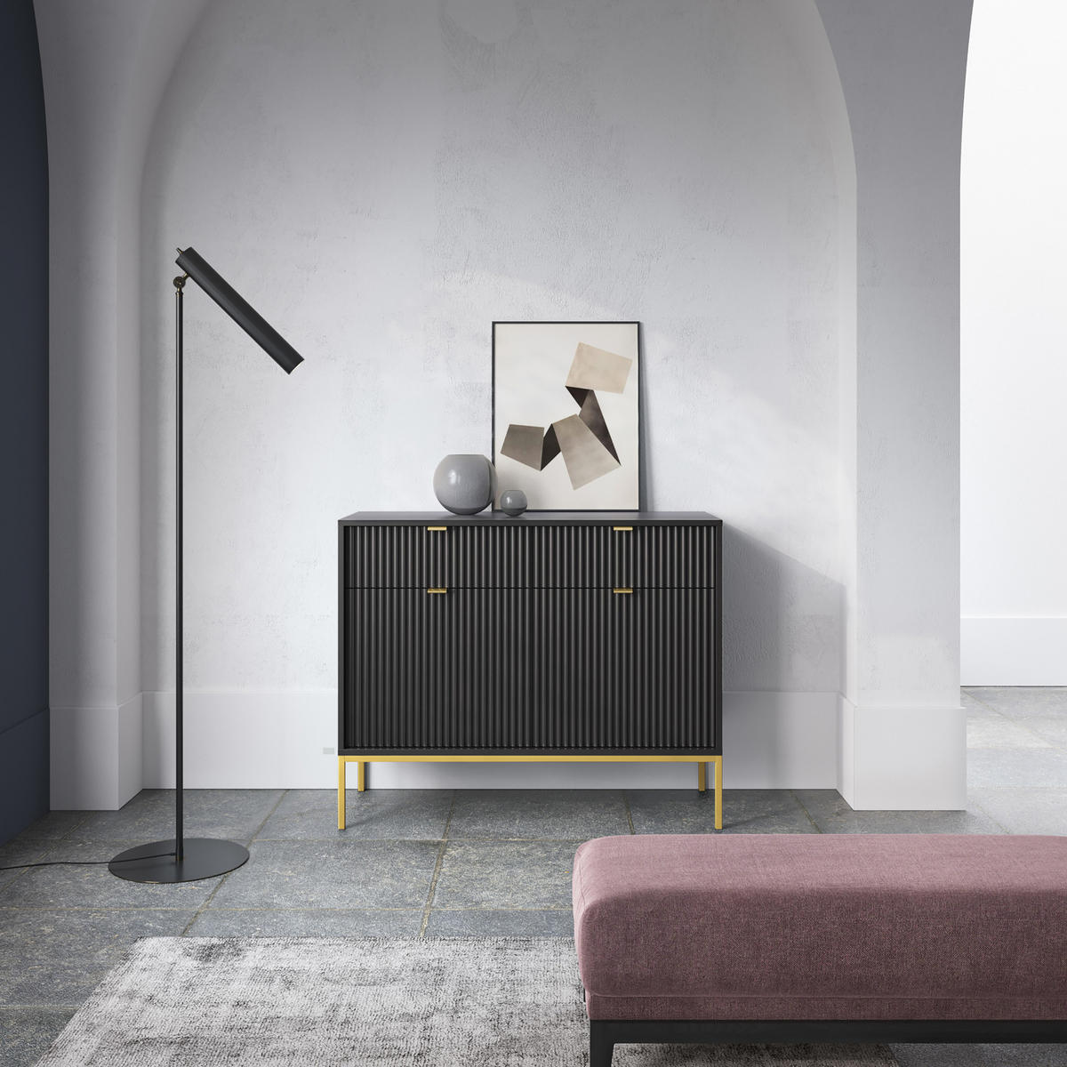 KOMMODE STELLARE 104/83/39 cm mit 2 Schubladen 2 Türen Schwarz - Goldfarben/Schwarz, Holzwerkstoff (104/83/39cm) - MASSENO