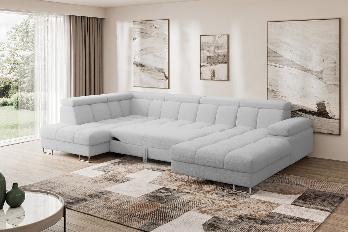 WOHNLANDSCHAFT mit Schlaffunktion und Bettkasten Ottomane Links COMA U 345x203x79 Hellgrau Bouclé - Edelstahlfarben, Holzwerkstoff/Textil (345/79/203cm) - ALTDECOR