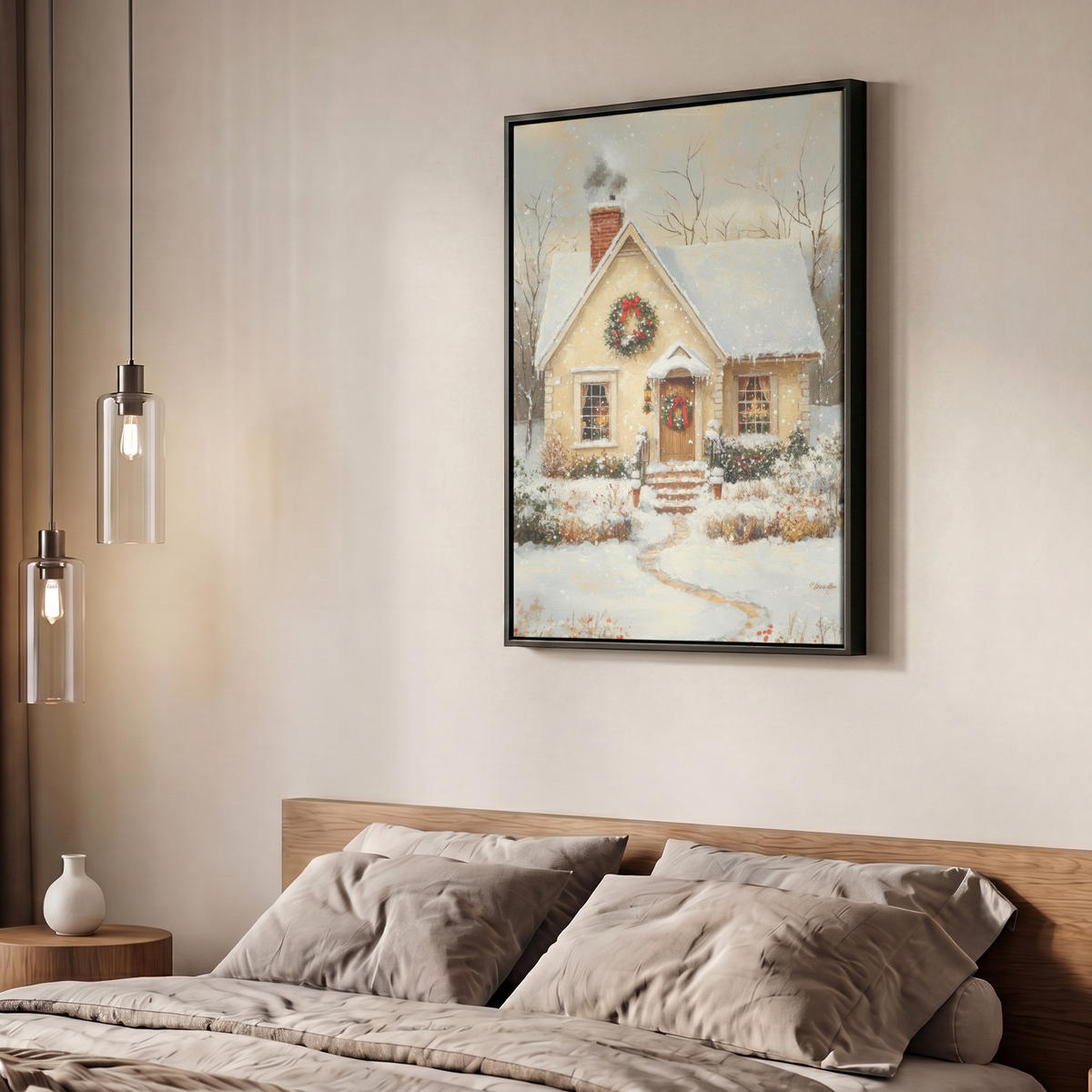 LEINWAND Bilder mit Rahmen - Weihnachten - Zuhause - Winter - Schnee - 50x70 - Creme, Textil (50/70cm) - MuchoWow